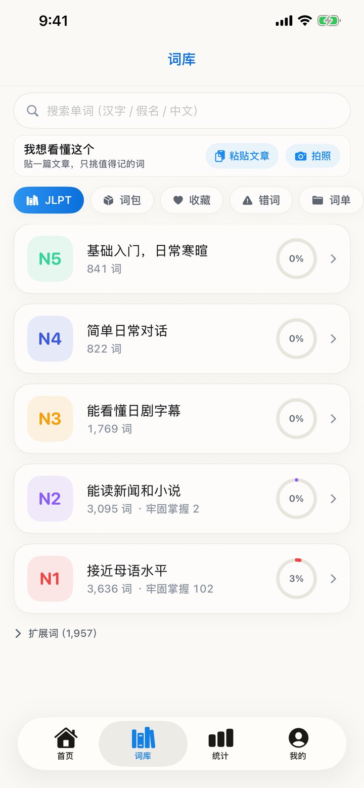 词库:按 JLPT 级别 N5 至 N1 分组,右侧是本级进度