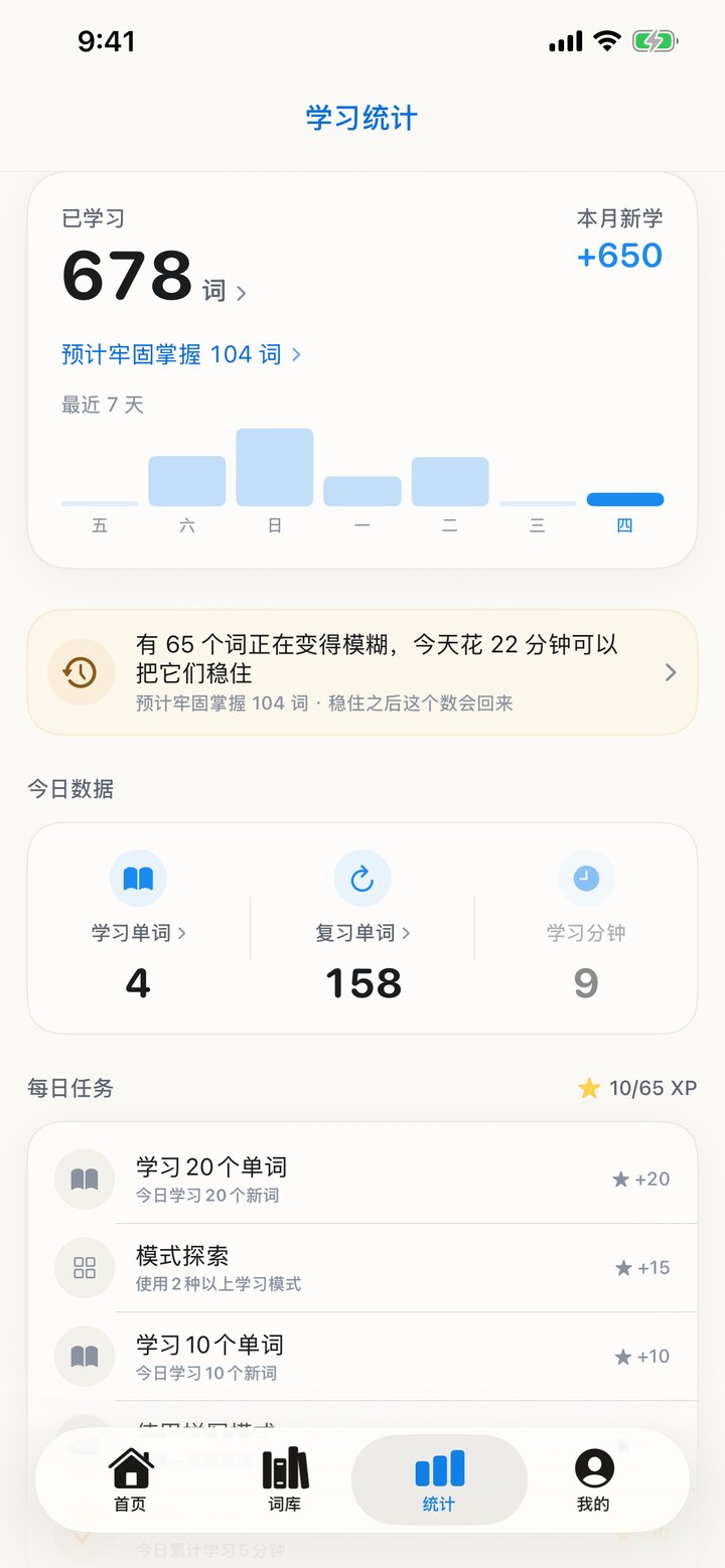 学习统计:已学、预计牢固掌握、最近 7 天与今日数据